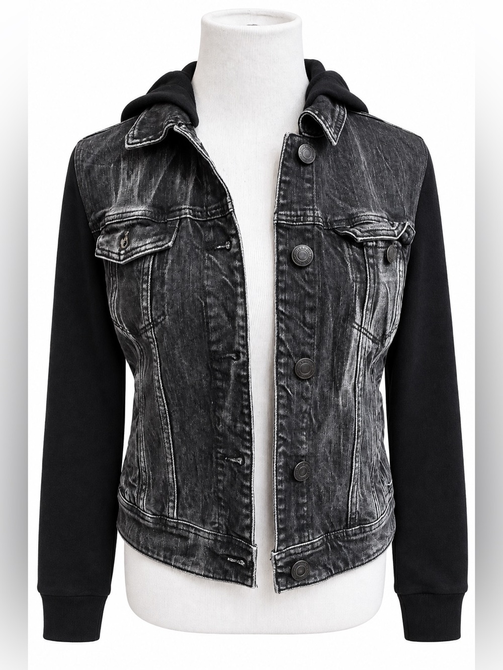 American Eagle Outfitters Black Washed Denim Jacket with Black Hoodie Sleeves M